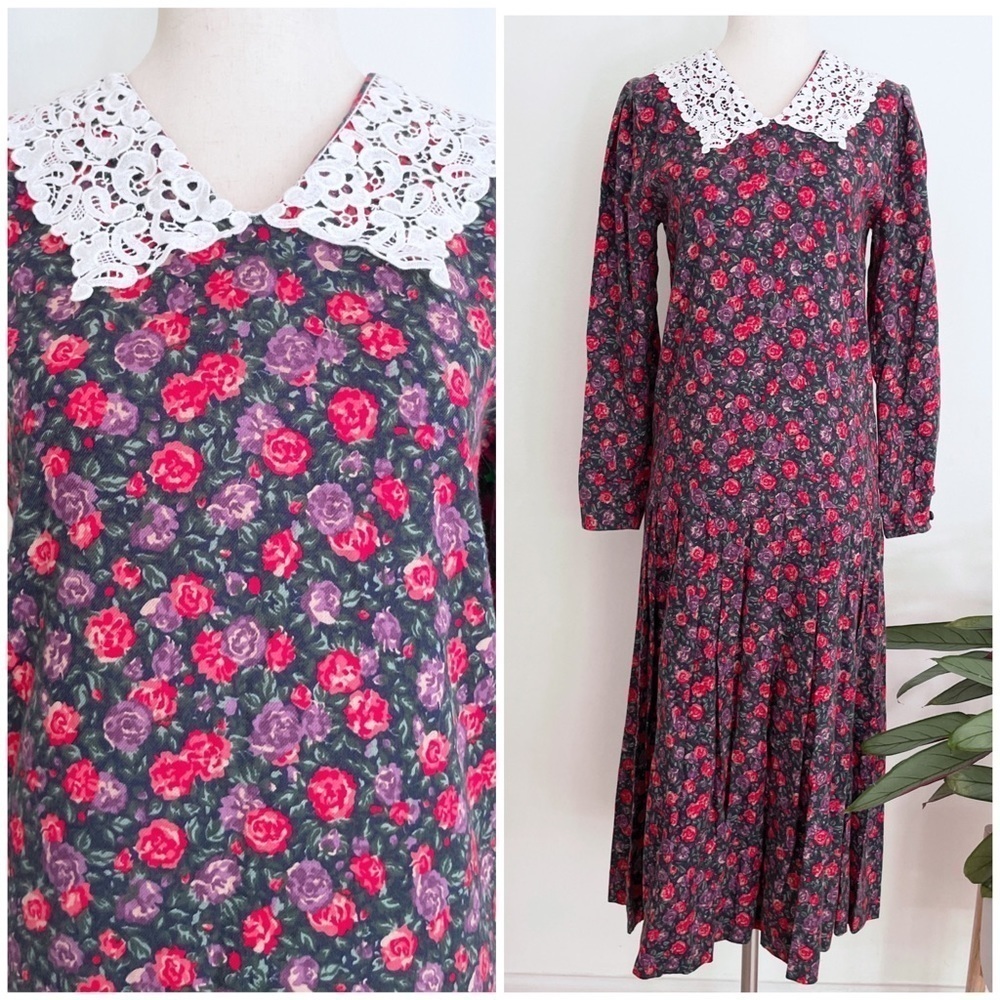 EUC Vintage Laura Ashley Crochet Collar Floral Roses Cottagecore Midi Dress‌‌